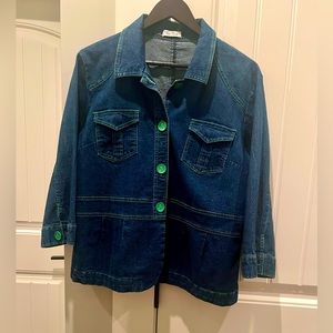 Denim jacket/ green thread and buttons. Light weight
